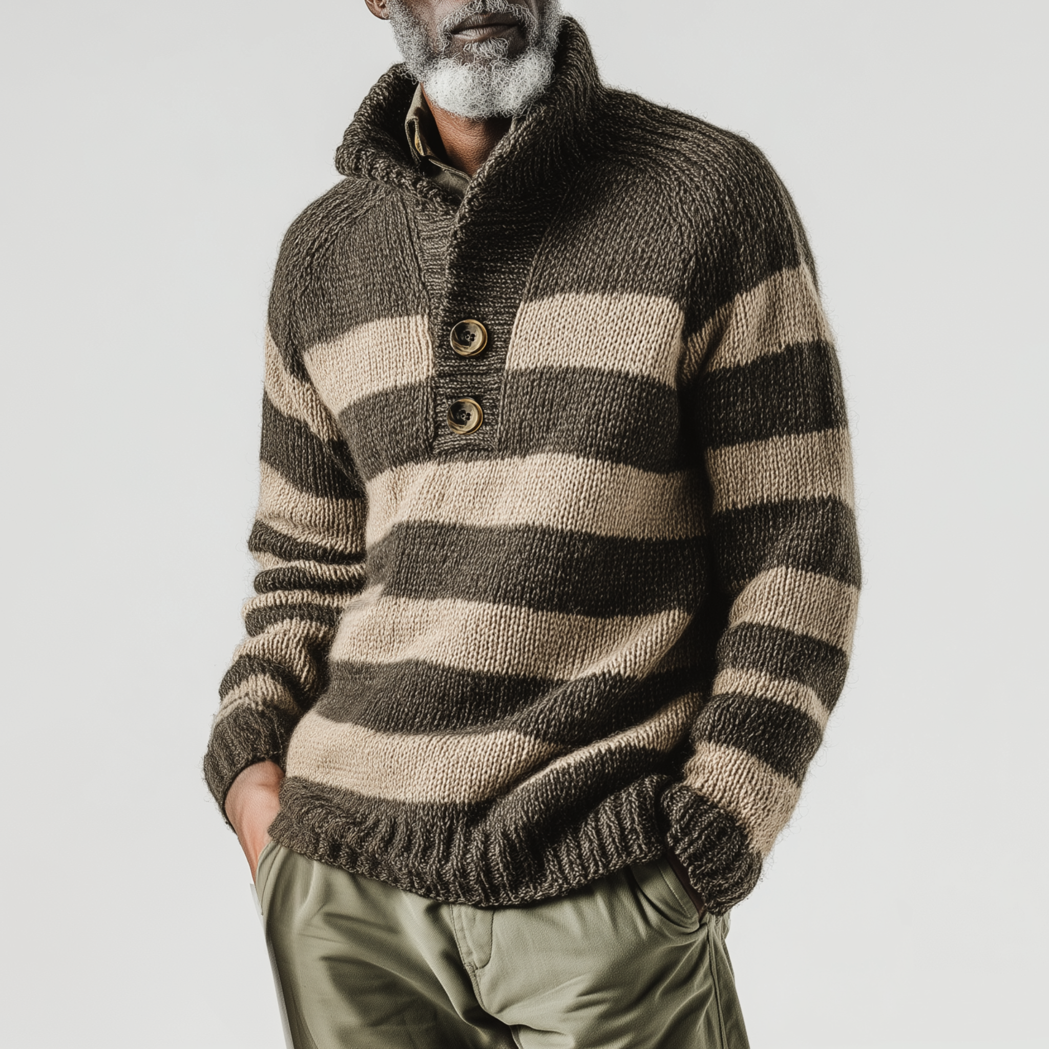 Men's Classic Casual Contrast Color Horizontal Striped Stand Collar Button Loose Sweater MTA2859I5K