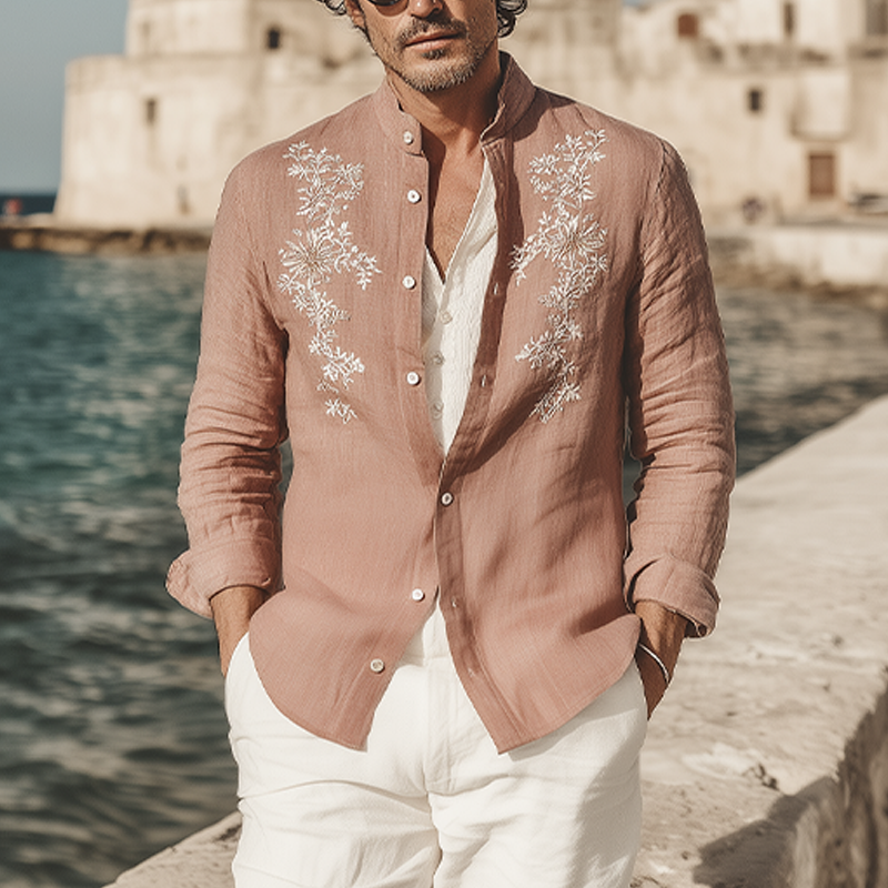 Men's Spring And Summer Retro Exquisite Embroidered Tencel Cotton Stand Collar Long Sleeve Shirt MTA1618G6K