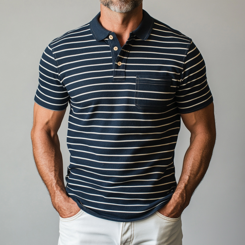 Men's Casual Cotton Striped Colorblock Lapel Patch Pocket Slim Fit Short Sleeve Polo Shirt MTA0981E5M