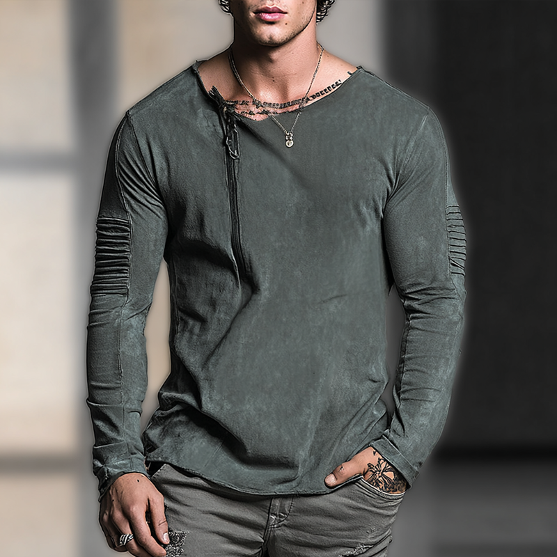 Men's Fashion Distressed Zip Decor Round Neck Pleats Long Sleeve T-shirt MTA0814H6Z