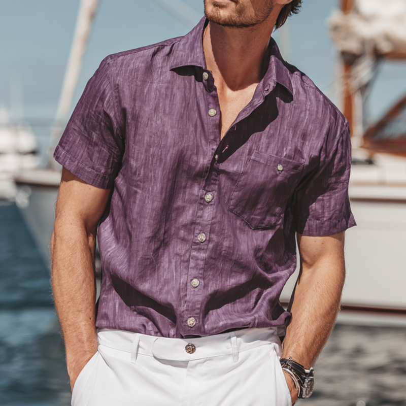 Men's Casual Breathable Cotton Linen Lapel Patch Pocket Loose Short-sleeved Shirt MTA0177G2M
