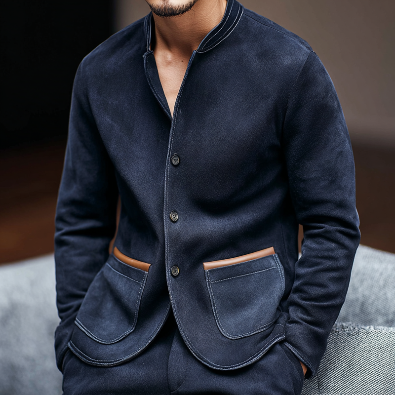 Men's PU Splicing Pocket Faux Suede Stand Collar Single Breasted Casual Jacket MTA1945H4Z