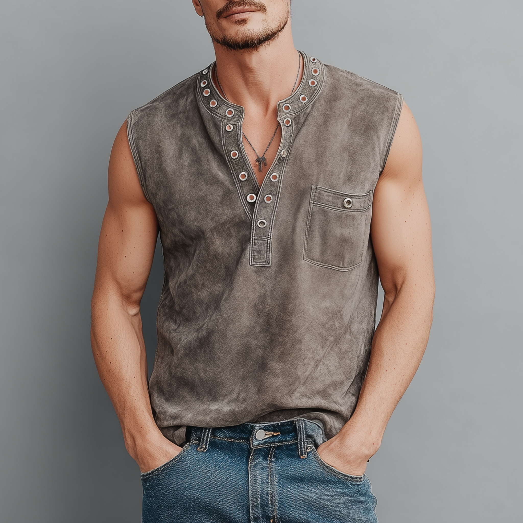 Men's Spring And Summer Casual Thin Suede Henry Collar Decorated Rivet Slim Fit Tank Top MTA1856G1K