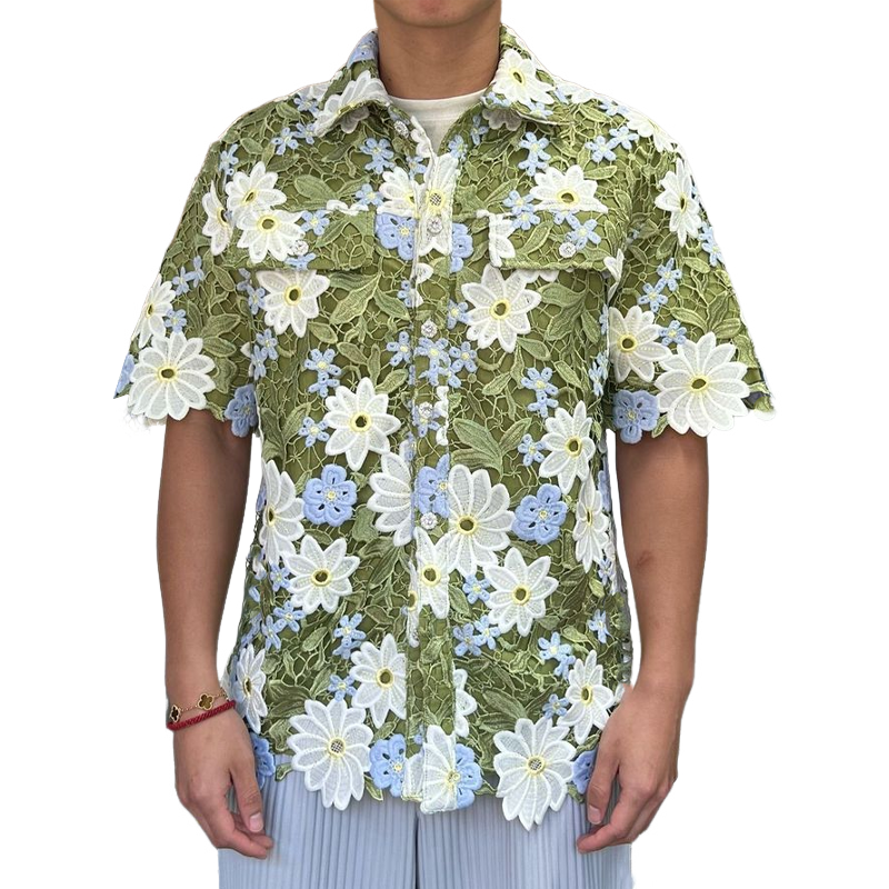 Men's Summer Fashion Embroidered Floral Hollow Sleeve Shirt MTA2667F6U