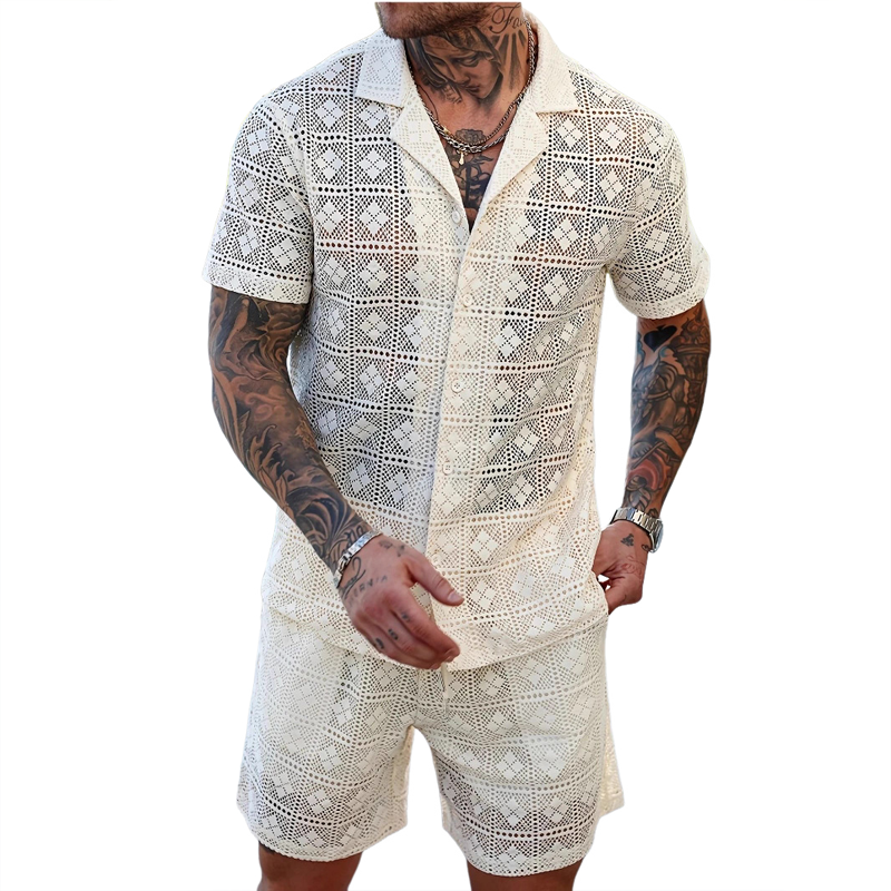Men's Solid Color Lace Short-sleeved Shorts Two-piece Set MTA0588G7X