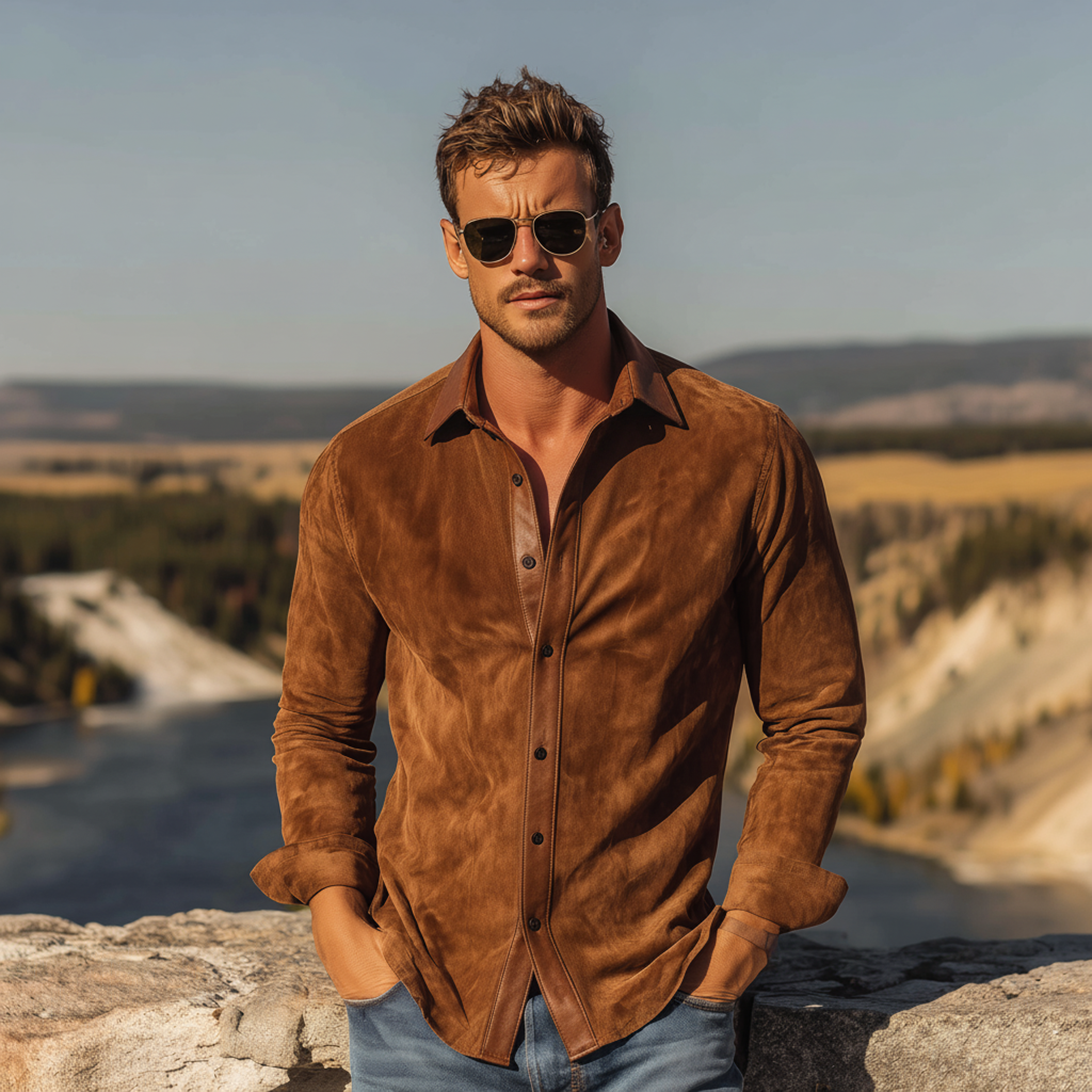 Men's Classic Western Style PU Leather Lapel Slim-fit Faux Suede Long-sleeved Shirt MTA1690L3K