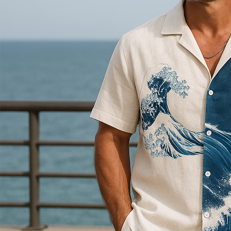 Men's Summer Fashion Wave Printed Cotton And Linen Short Sleeve Shirt MTA1062F7P