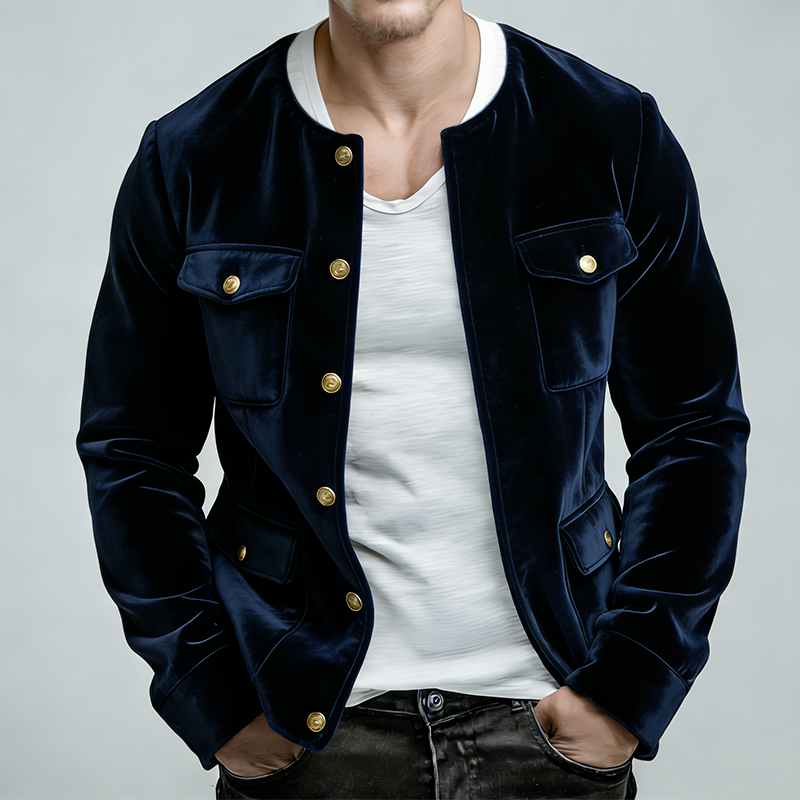 Men's Retro Casual Solid Color Velvet Collarless Button-Down Jacket MTA1745L6TO