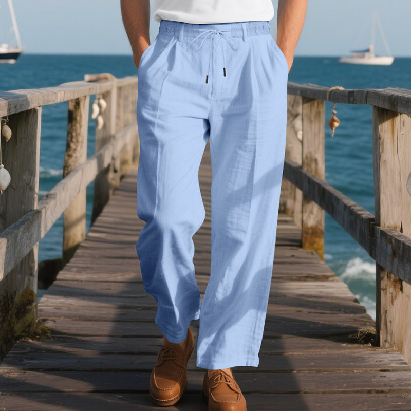 Men's Solid Color Cotton And Linen Holiday Elastic Waist Casual Pants MTA1606E9X