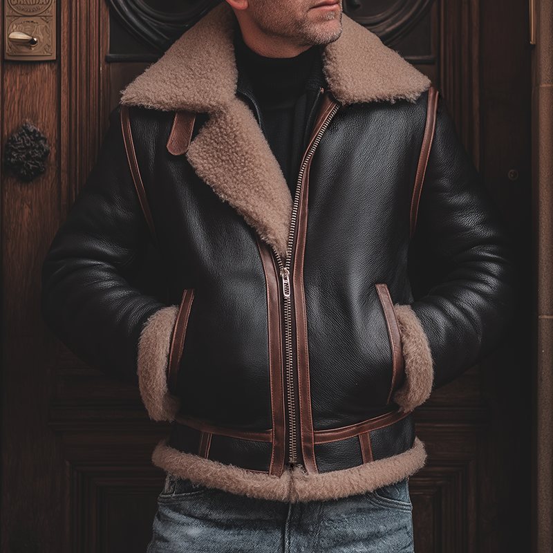 Men's Retro Casual Faux Leather Warm Fur Lapel Jacket MTA0994I3TO