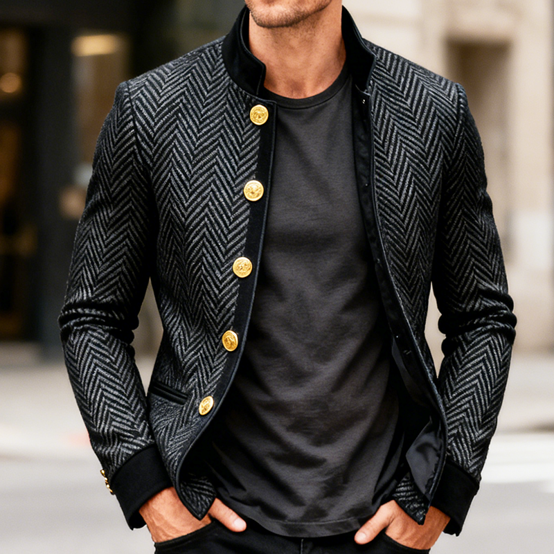 Men's Retro Casual Herringbone Velvet Patchwork Stand Collar Jacket MTA2497K4TO