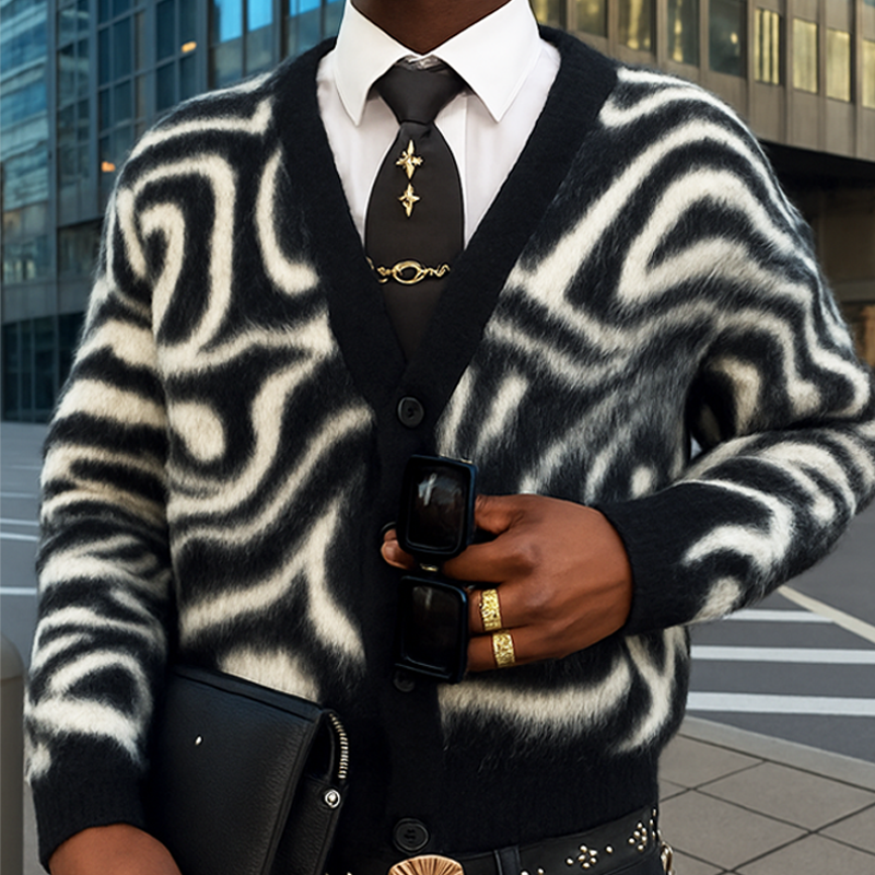 Men's Classic V-Neck Zebra Pattern Knit Cardigan MTA2672H6U