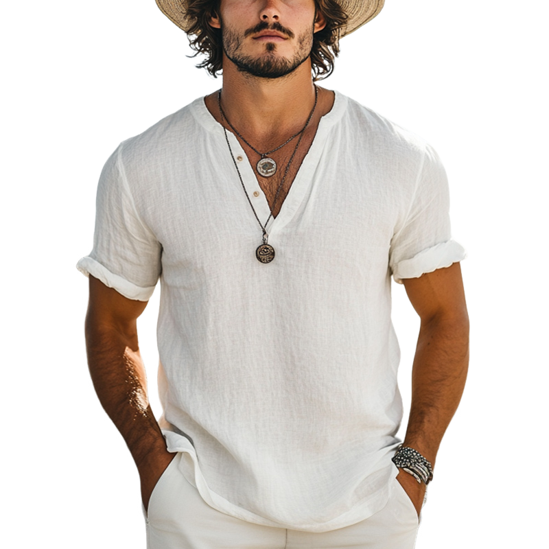 Men's Casual Simple V-neck Cotton Short-sleeved T-shirt 60363446U