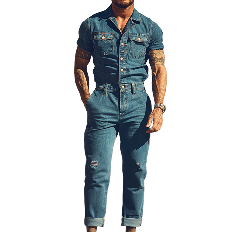 Men's Summer Fashion Retro Western Cowboy Style Denim Jumpsuit MTA2827D3K