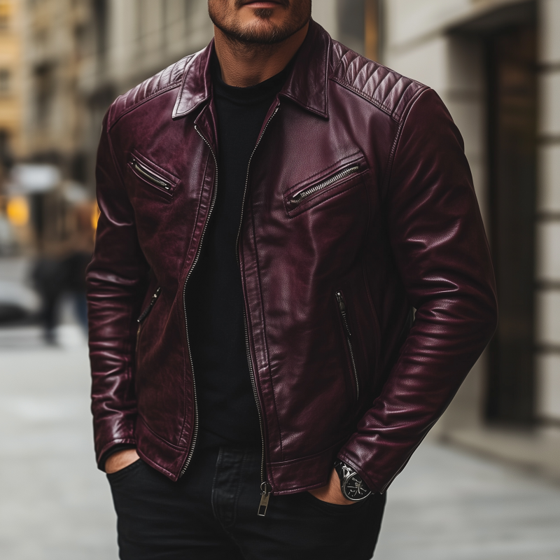 Men's Casual Vintage Solid Color PU Lapel Zipper Placket Multi-pocket Slim Fit Motorcycle Jacket MTA1486H6M