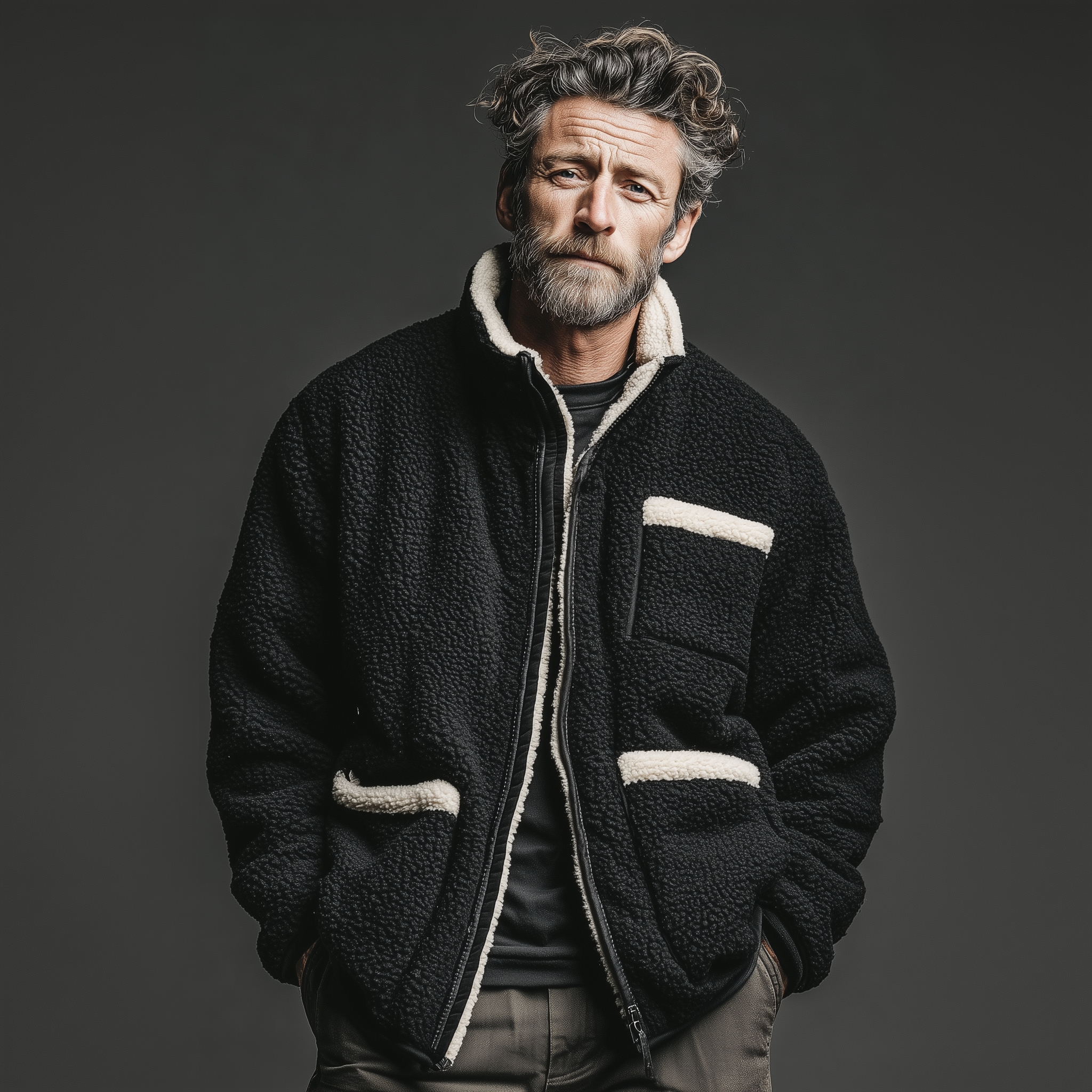 Men's Classic Casual Stand-up Collar Multi-pocket Teddy Fleece Jacket MTA2039J5K