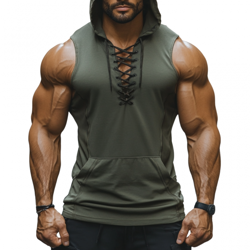 Men's Casual Breathable Cotton Lace-up V-neck Kangaroo Pocket Hooded Slim Tank Top MTA2959D2M