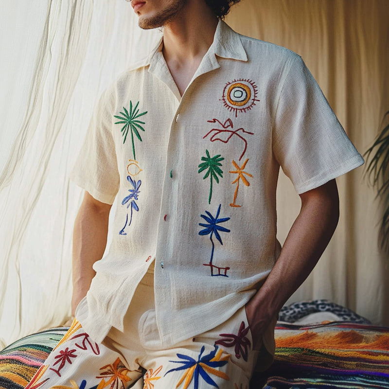 Men's Interesting Embroidered Cotton And Linen Short Sleeve Shirt MTA0312F4X