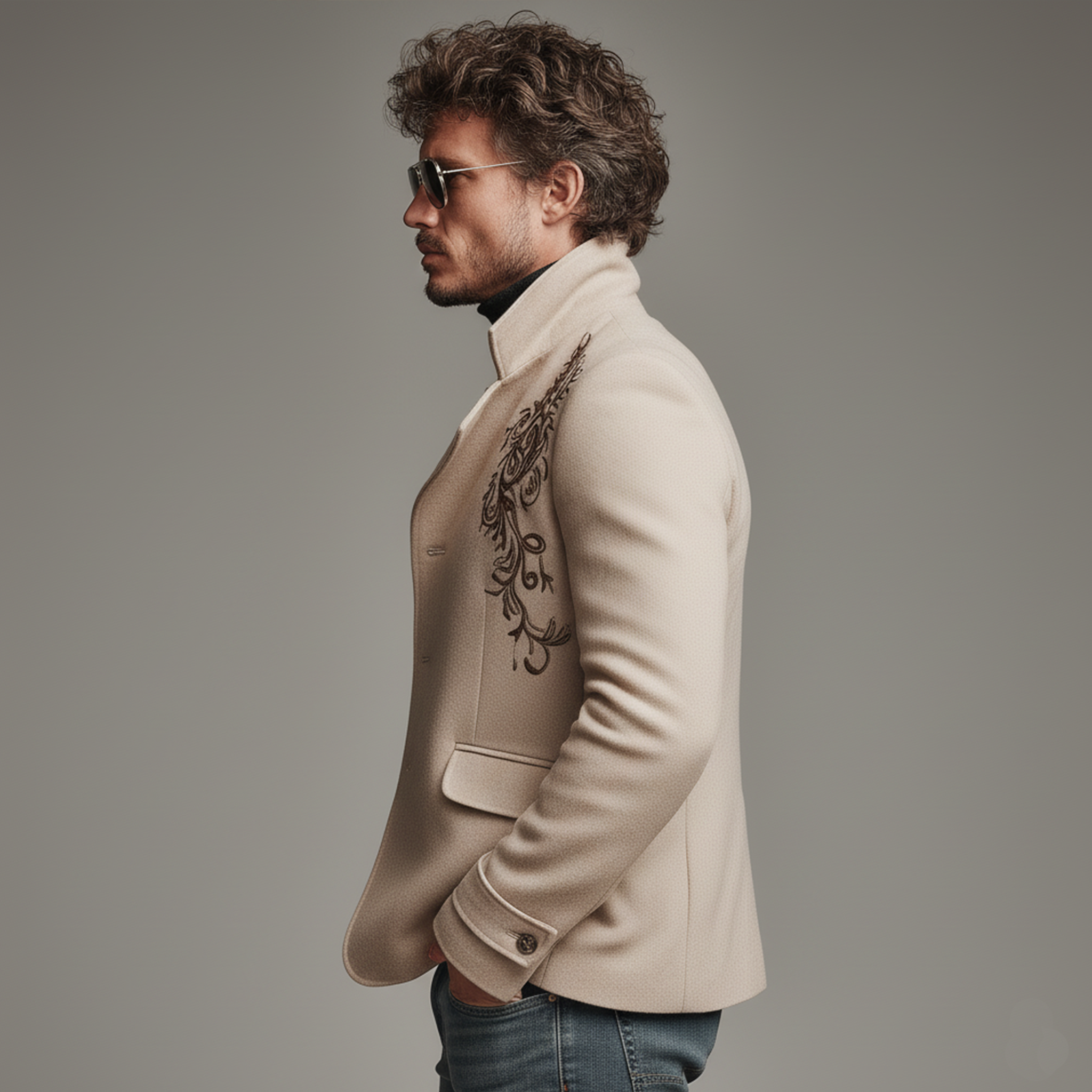 Men's Classic Retro Lapel Embroidered Faux Wool Slim-fit Jacket MTA0660K7K