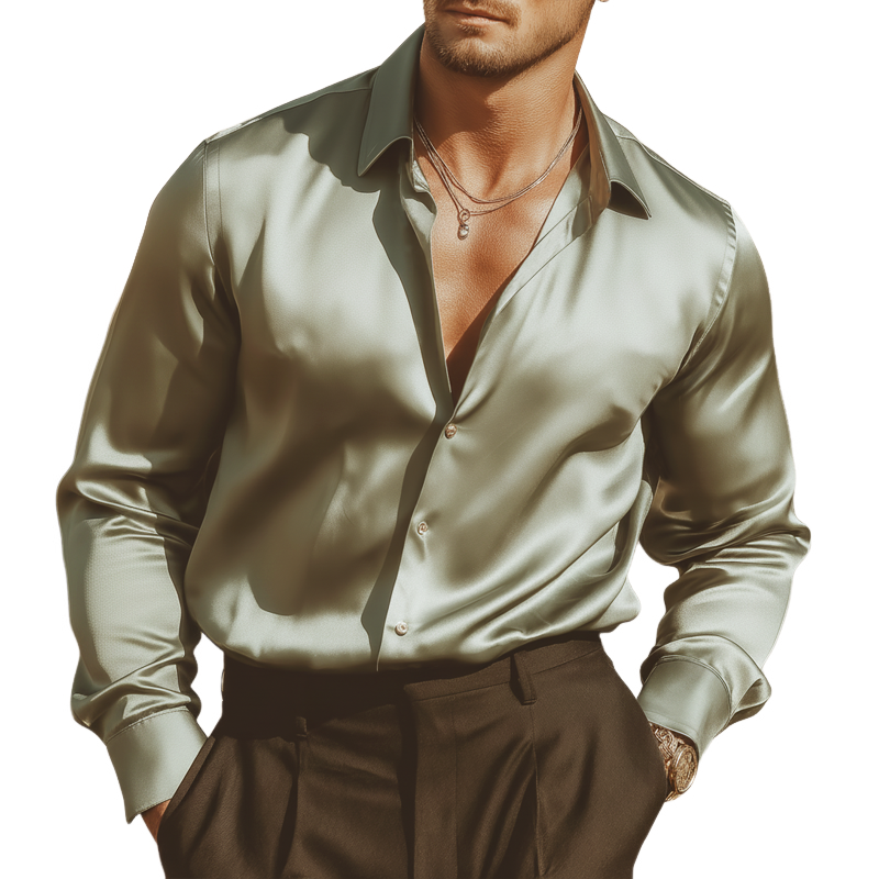 Men's Classic Business Mint Green Satin Long-sleeved Shirt MTZ0741A3U