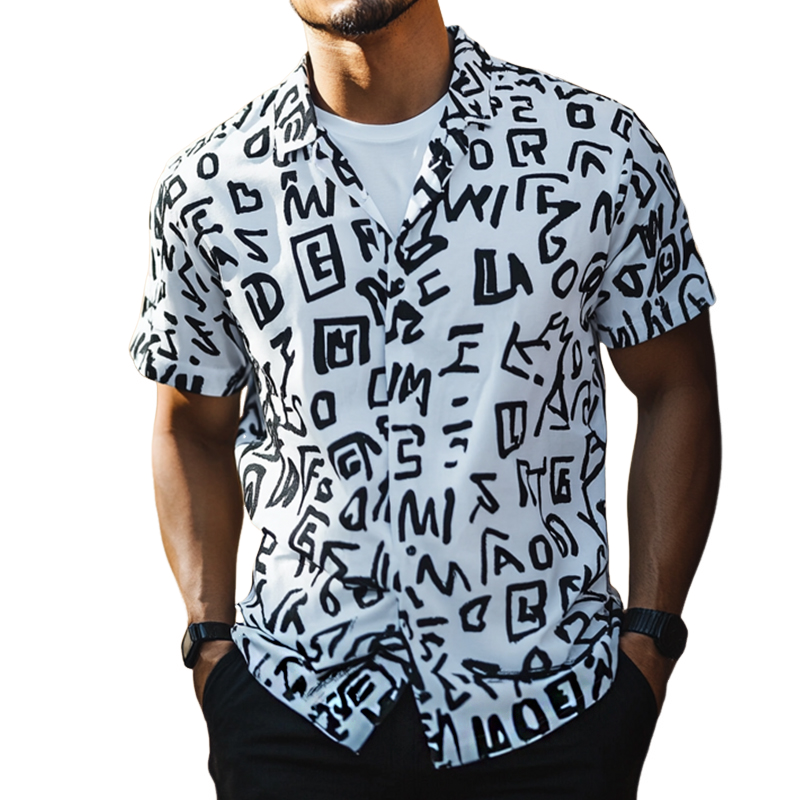Men'S Retro Casual Letter Print Lapel Short Sleeve Shirt MTA0994E5TO