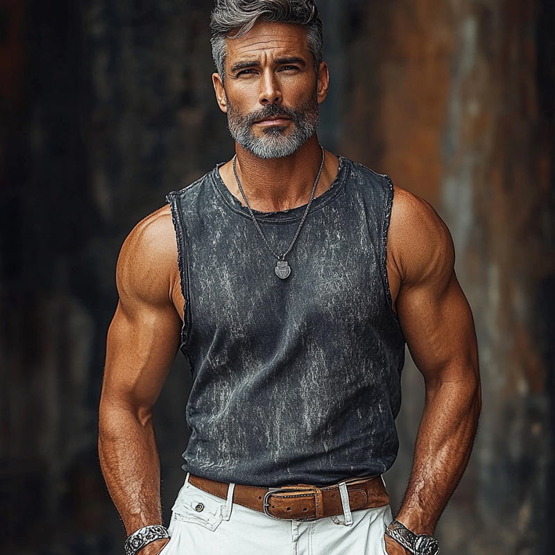 Men's Vintage Crew Neck Printed Raw Edge Sleeveless Tank Tops MTA1056F1X