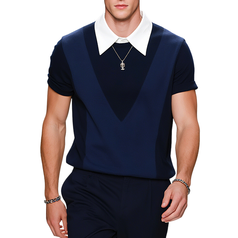 Men's Retro Preppy Knitted Fake Two-Piece Short Sleeve Shirt MTA2429F7TO