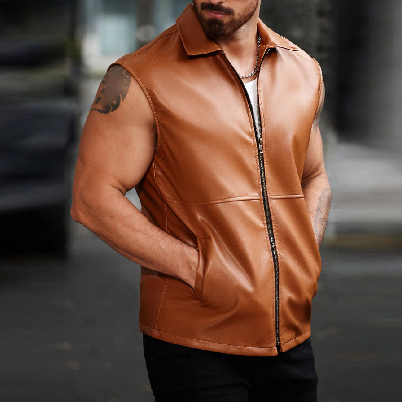 Men's Fashion Casual Solid Color Lapel Leather Vest 72332564Y