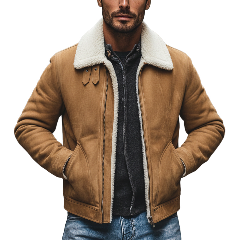 Men's Vintage Faux Suede Polar Fleece Panel Lapel Zipper Jacket MTA1414J1X