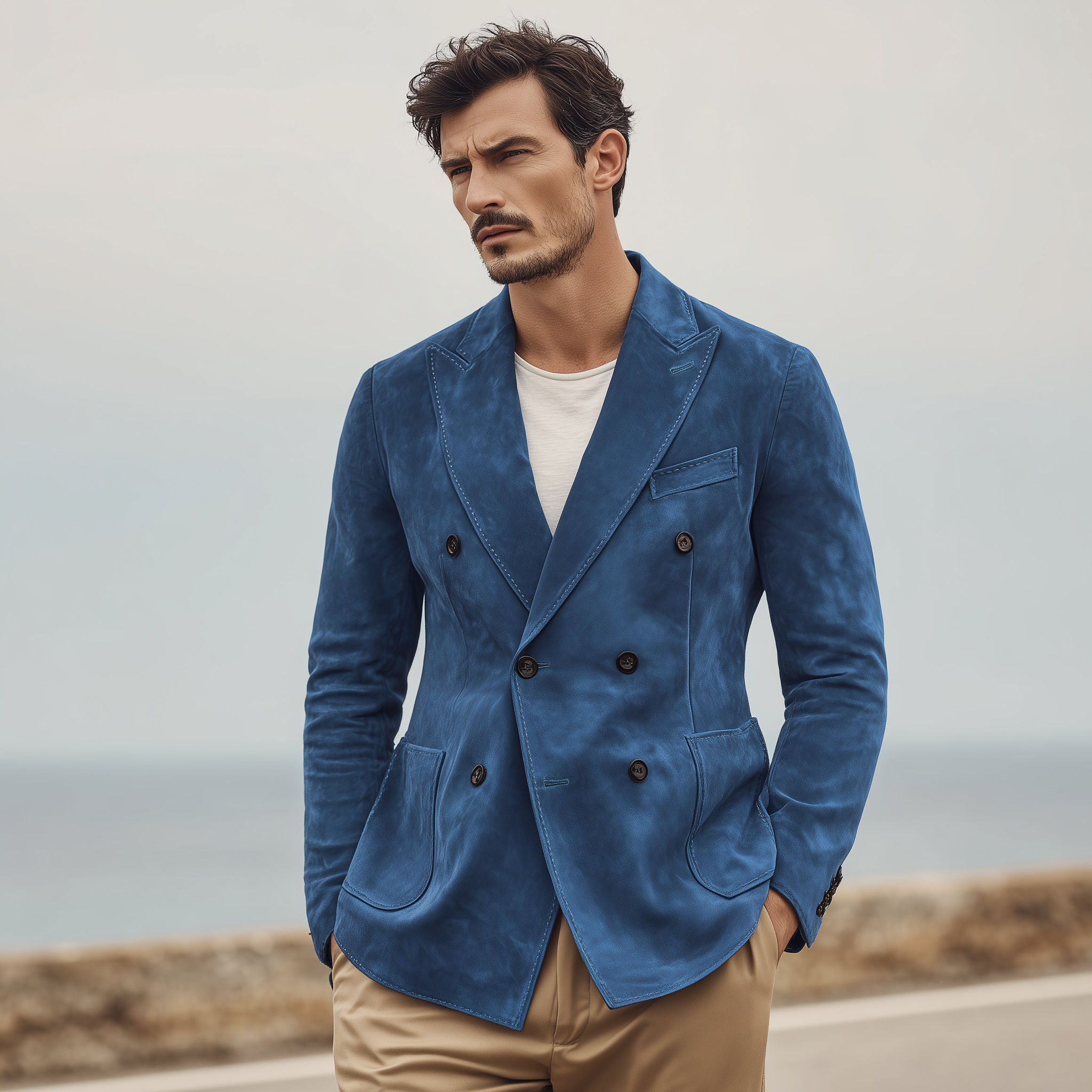 Men's Classic Vintage Double-breasted Suede Slim-fit Blazer MTA0136H2K