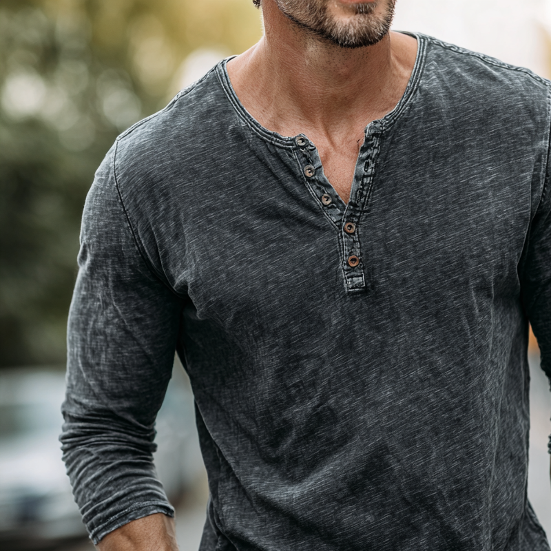 Men's Washed Cotton Henley Collar Long Sleeve T-shirt MTA1217H2Z