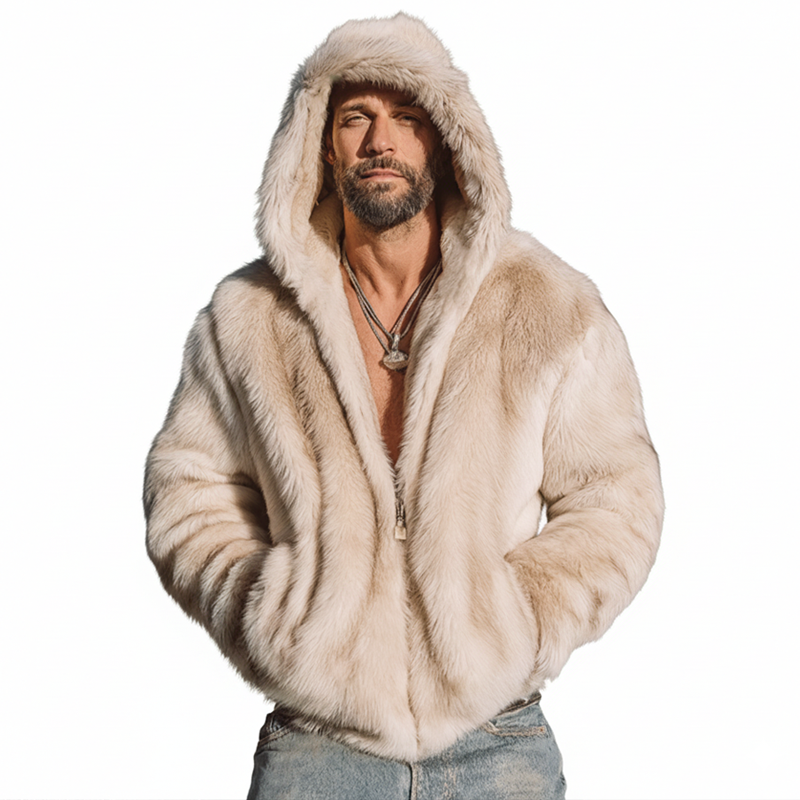 Men's Beige Luxury Plush Faux Mink Hooded Jacket Jacket MTA0734K8U