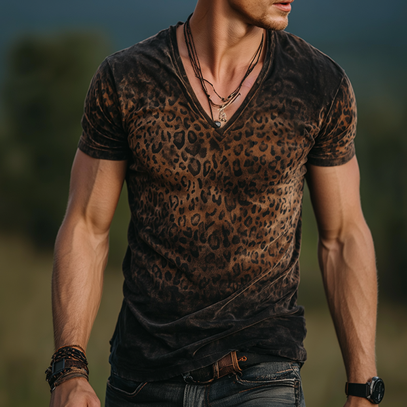 Men's Retro Casual Gradient Leopard Velvet V-neck Short Sleeve T-shirt MTA1072G3TO
