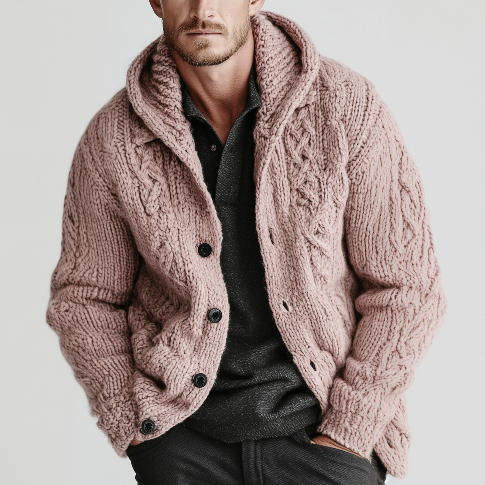 Men's Classic Casual Hooded Single-breasted Pink Jacquard Knit Cardigan MTA1912I8K