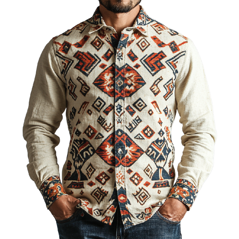 Men's Fashion Cotton and Linen Printed Lapel Long Sleeve Shirt 10148669F