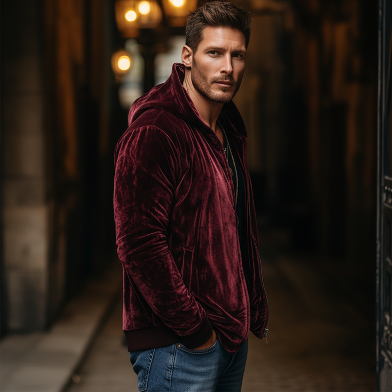 Men's Classic Burgundy Velvet Zip-Up Hooded Jacket MTA0500K6U