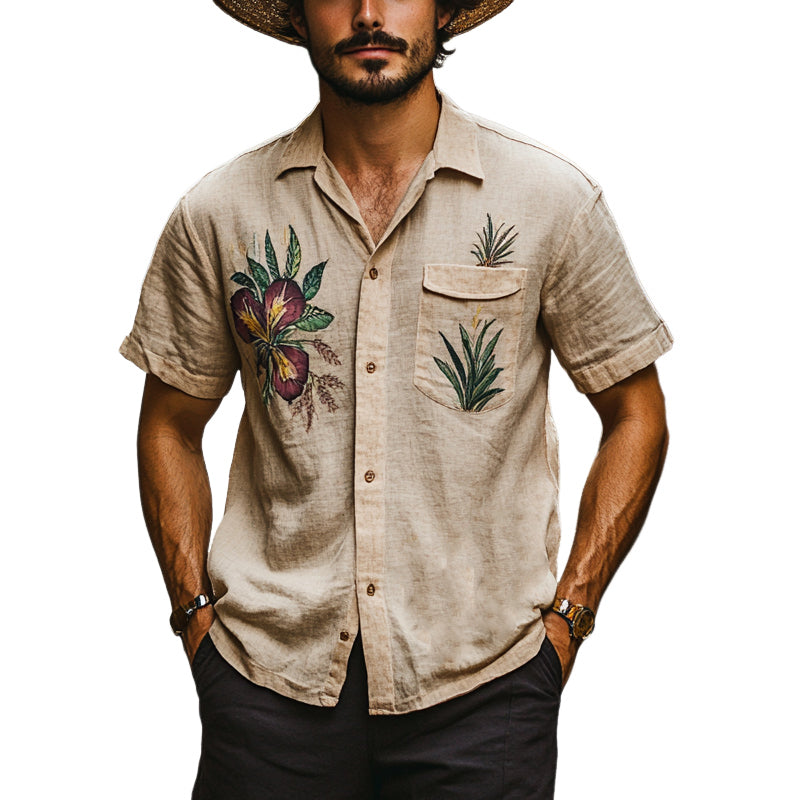 Men's Vintage Western Botanical Print Short Sleeve Shirt MTA2958D5X