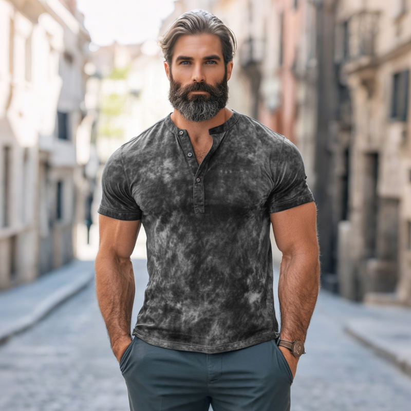 Men's Fashion Tie-Dye Printed Henley Collar Slim Fit Short Sleeve T-Shirt MTA0395G1M