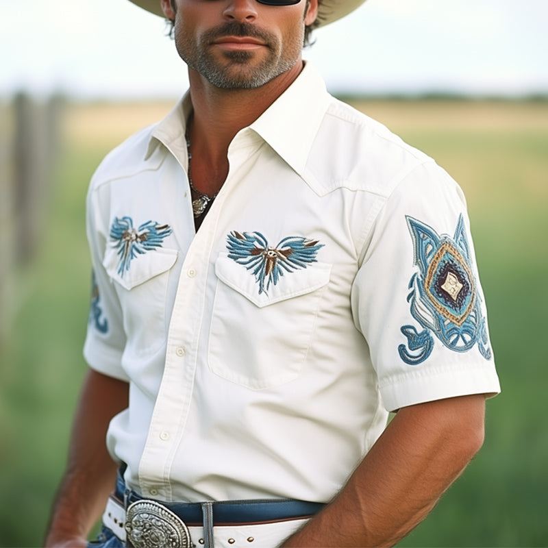 Men'S Western Cowboy Style Vintage Embroidered Short Sleeve Shirt MTA1283E2U