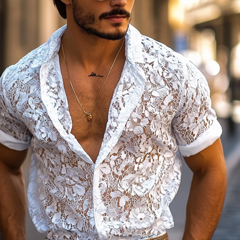 Men's Fashion Lace Lapel Short Sleeve Casual Shirt MTA1285E1Z