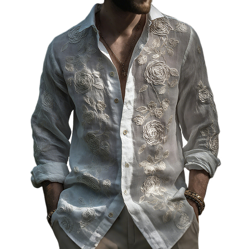 Men's White Rose Embroidered Lapel Long Sleeve Cotton And Linen Shirt MTA3112G1Z