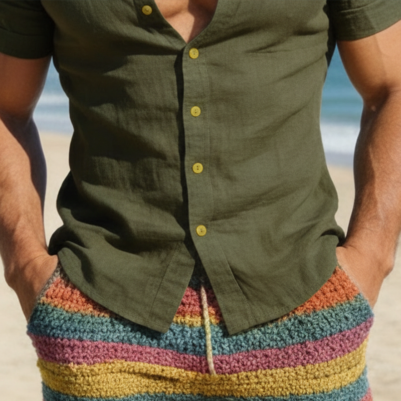 Men's Spring/Summer Fashion 100% Cotton Short-Sleeved Button-Down Shirt MTZ0542B9P