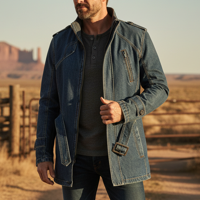 Men's Vintage Washed Denim Stand-collar Zip-up Jacket (with Belt) MTA2966L0P