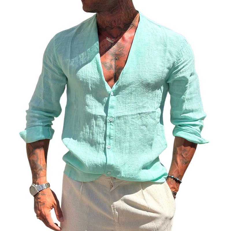Men's Retro Casual Solid Color Linen Collarless Long Sleeve Shirt MTA2144G7TO