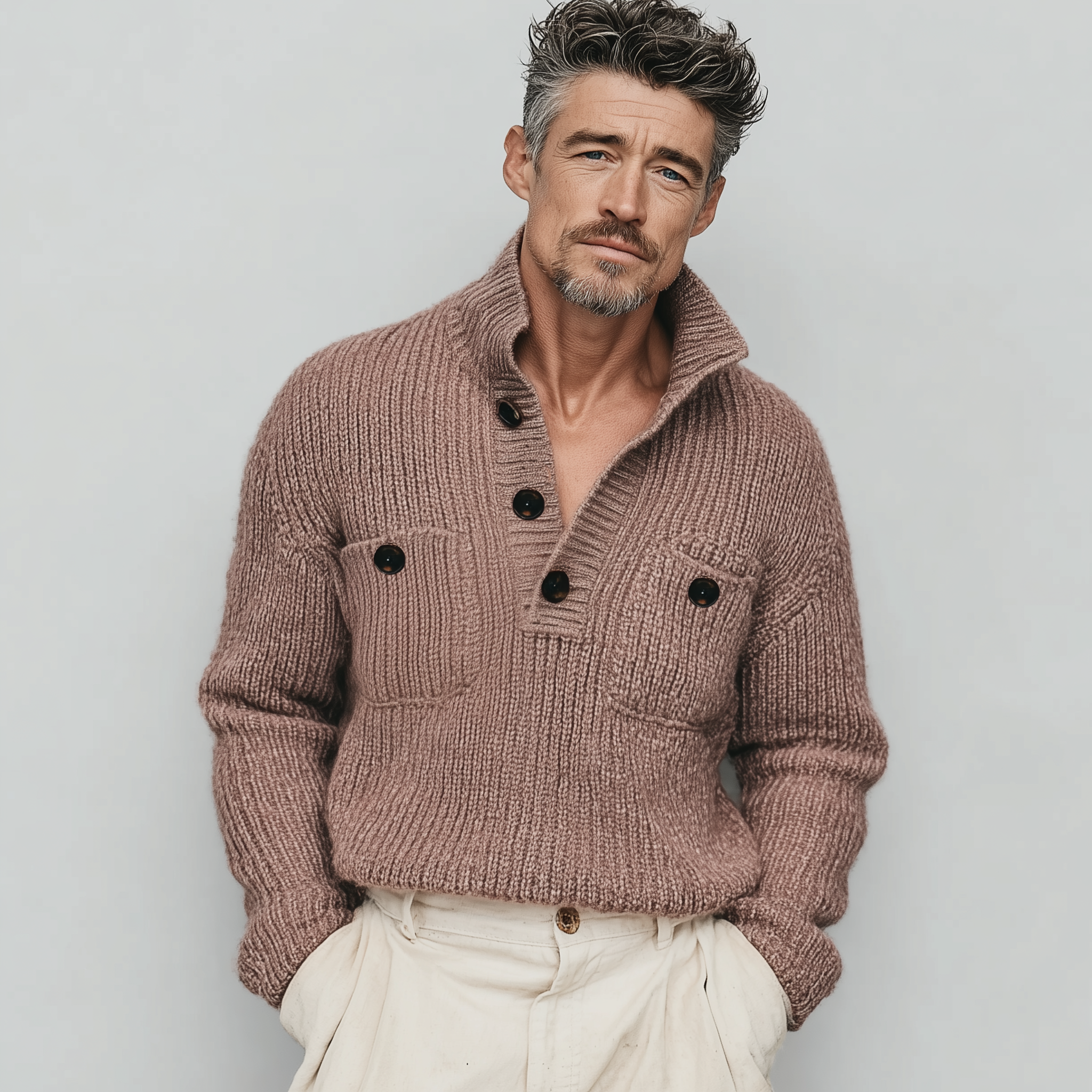 Men's Classic Casual Pink Stand Collar Double Pocket Loose Sweater MTA2824I0K