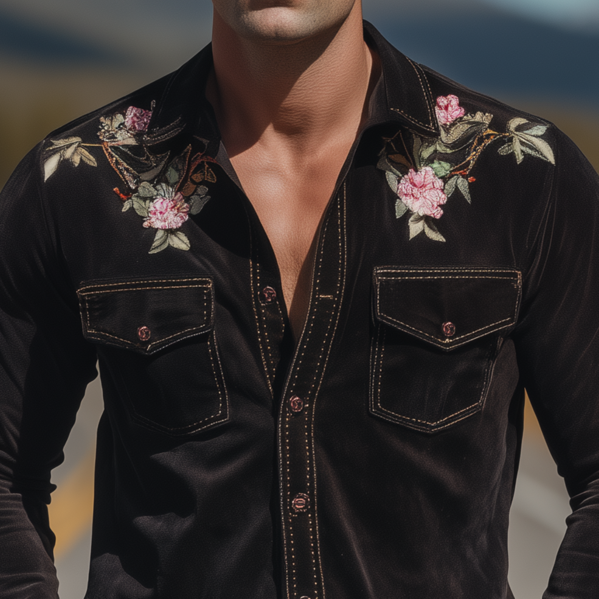 Men's Classic Retro Western Embroidered Suede Pocket Slim Fit Long Sleeve Shirt MTA1440H0K
