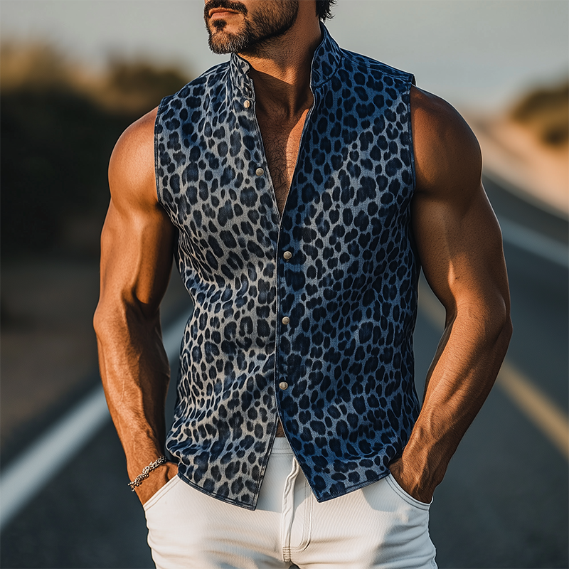 Men's Classic Retro Western Cowboy Style Denim Jacquard Leopard Print Slim Fit Stand Collar Sleeveless Shirt MTA0890E5K