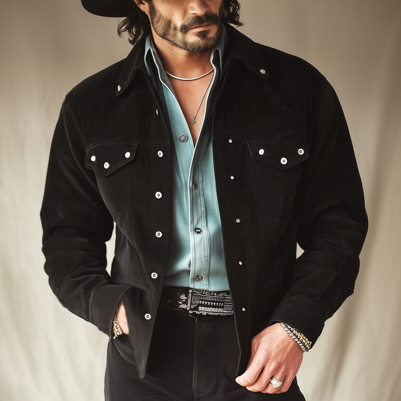 Men's Vintage Classic Black Suede Multi-Button Jacket MTA0757H3U