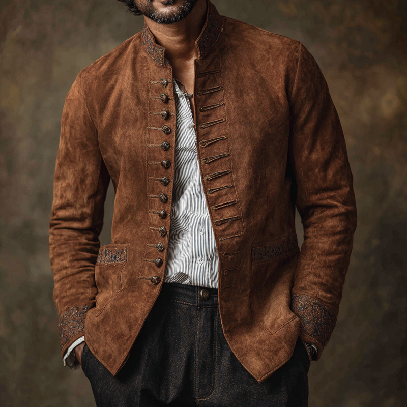 Men's Vintage Embroidered Decor Faux Suede Stand Collar Single Breasted Jacket MTA2792H2Z