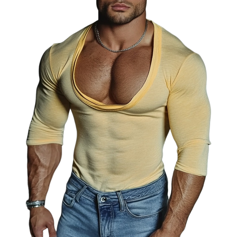 Men's Solid Deep U Neck Long Sleeve T-shirt MTA2974G5Z